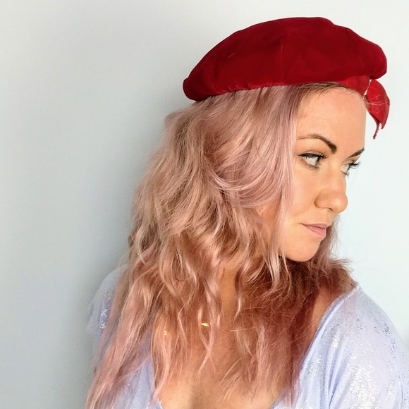Vintage Accessories - Vintage 50s Flight Attendant Velvet Holiday Beret